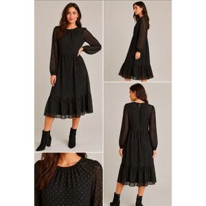 Gap Black Gold Metallic Clip Dot Tiered Midi Dress Long Sleeve Size 4